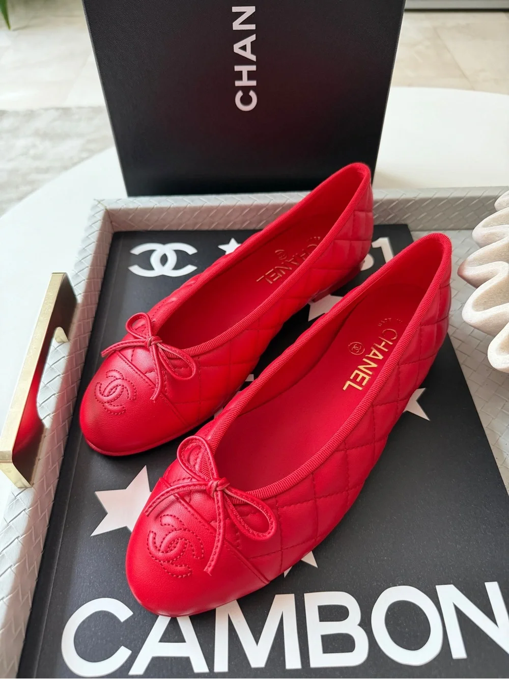 Chanel 26B Blazy Leather Quilted Red Agneau Rouge CC Logo Ballet Flats 38.5